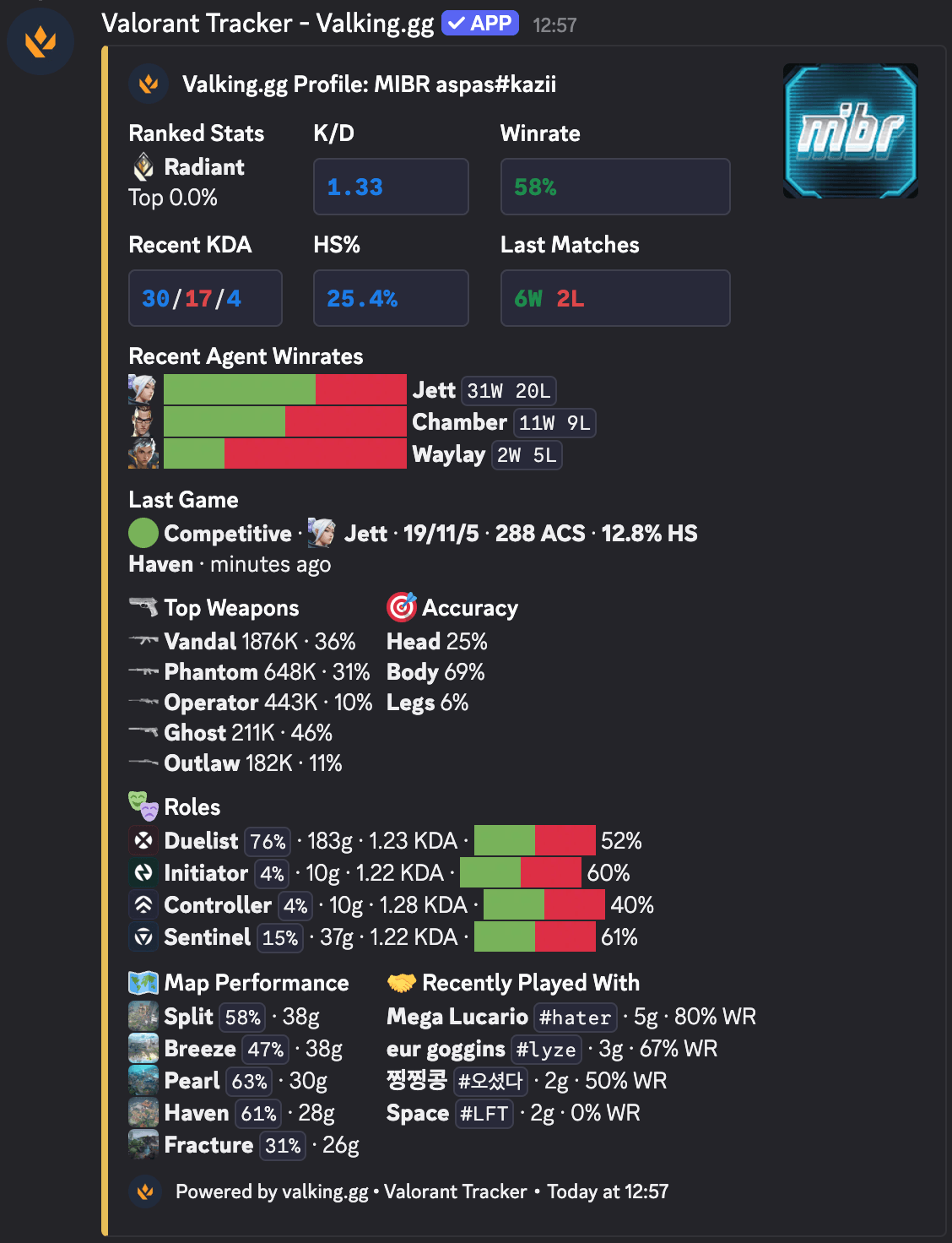 Valking Discord bot showing a Valorant player profile