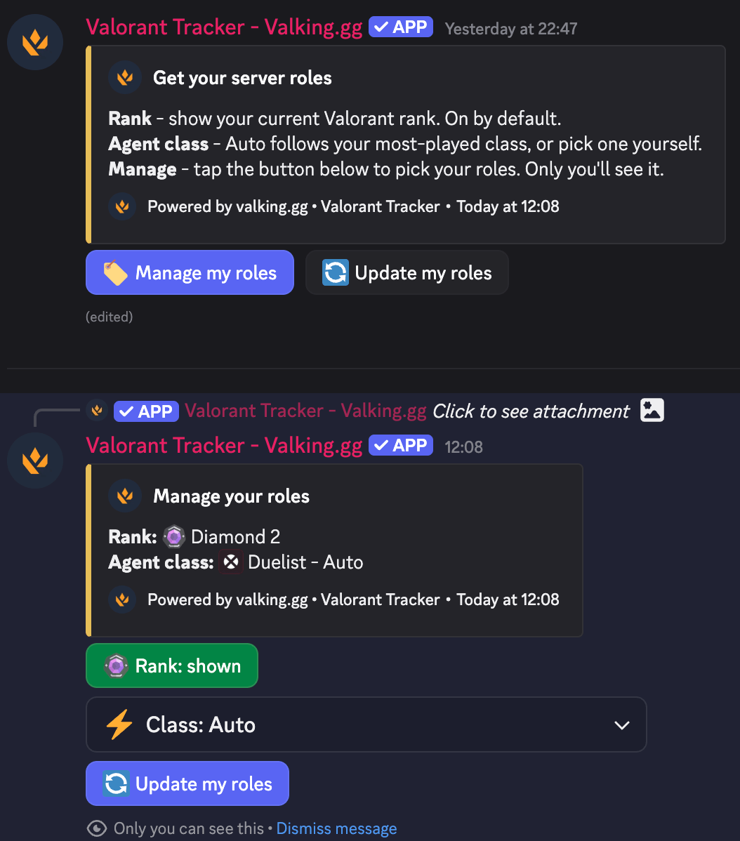 Self-service role picker message: rank, region and agent class